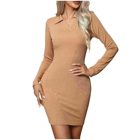 cfhntfmh Mini Dresses for Women Casual Ribbed V Neck Collared Long Sleeve Bodycon Dress Soft Knit Party Short Dress