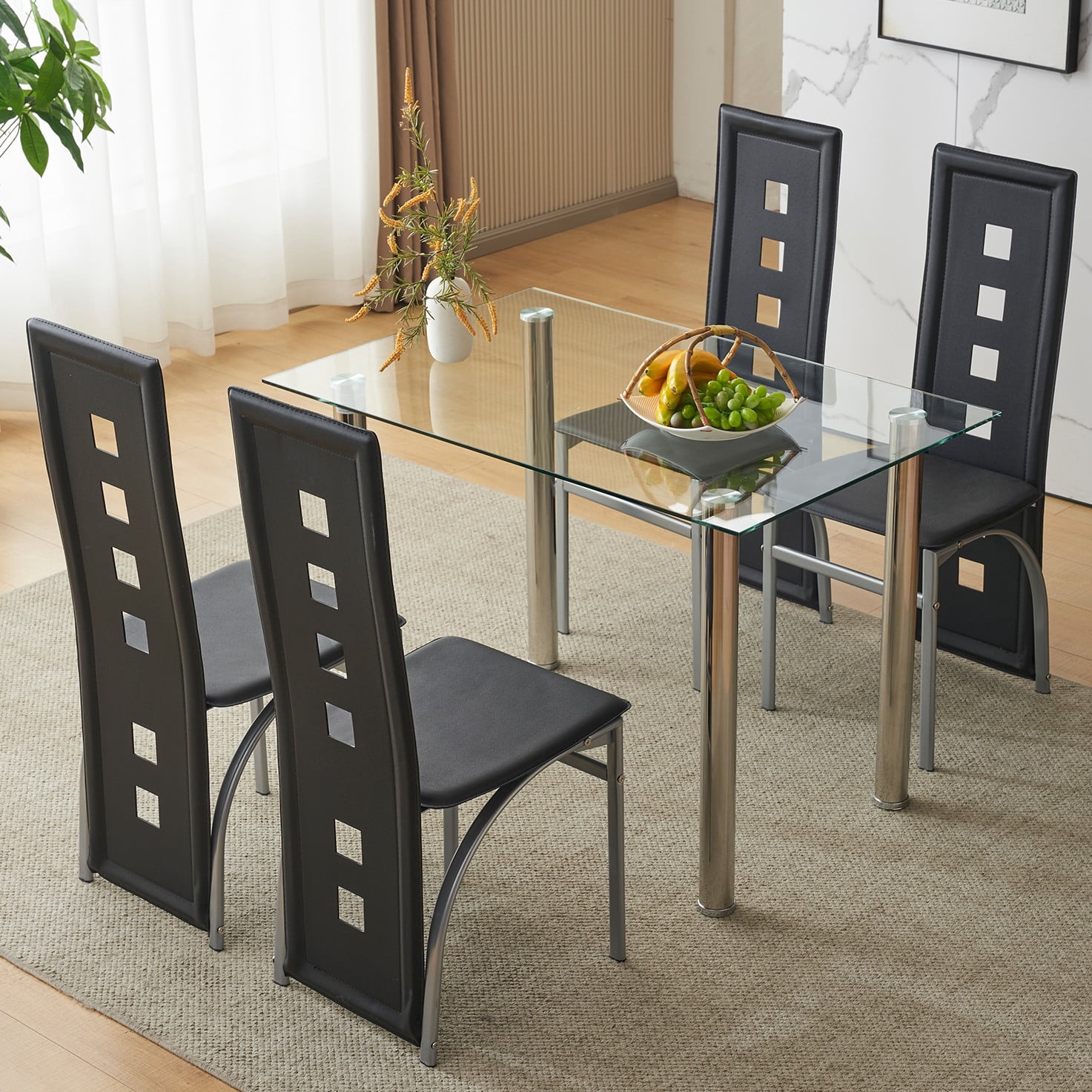 Ktaxon Modern 5 Piece Dining Table Set for 4, Glass Kitchen Table with 4 PU Padded Upholstered Chairs for Family Dinners, Breakfast, Black
