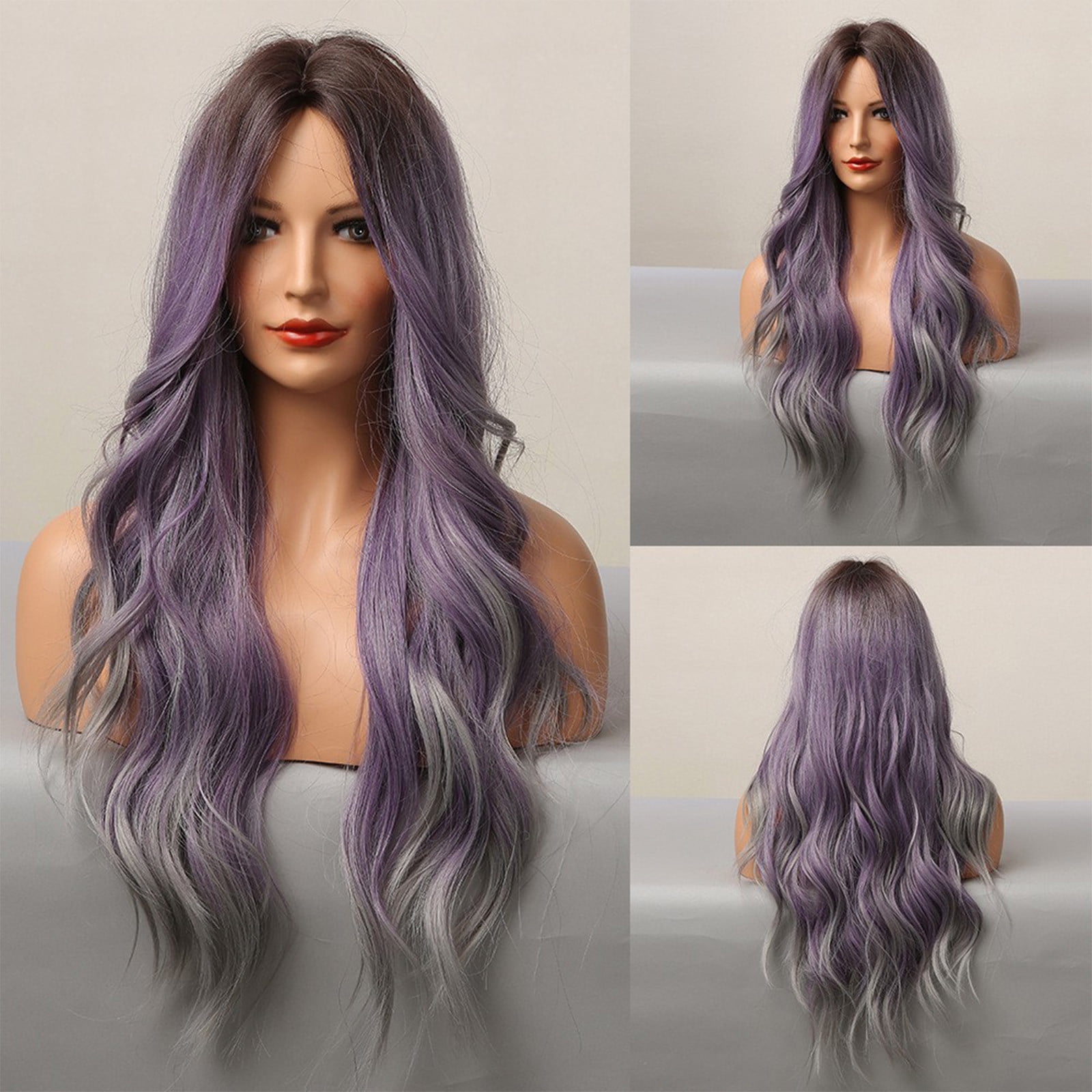 YSGFHGJW Wigs for Black Women,Color Mixing Colors Long Roll Curly Hair Middle Score Wig Fashion Natural Wig High Temperature Wire 25.59in Long Wig For Women Daily Life,Purple