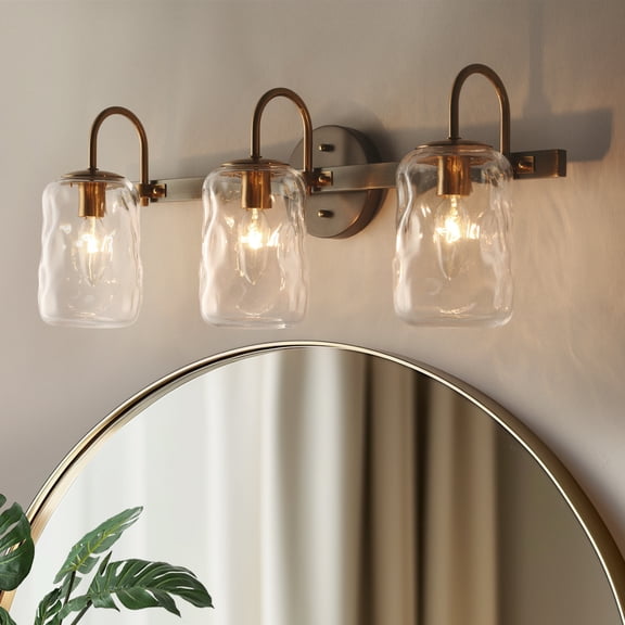 LNC Modern 3-Light Bathroom Vanity Light with Clear Water Glass, Black and Gold Fixture