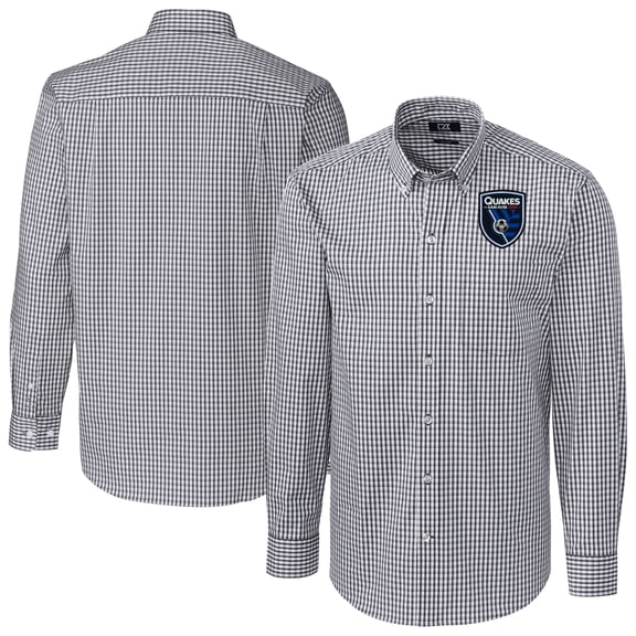 Men's-Cutter & Buck  Charcoal San Jose Earthquakes Easy Care Stretch Gingham Long Sleeve Dress Top