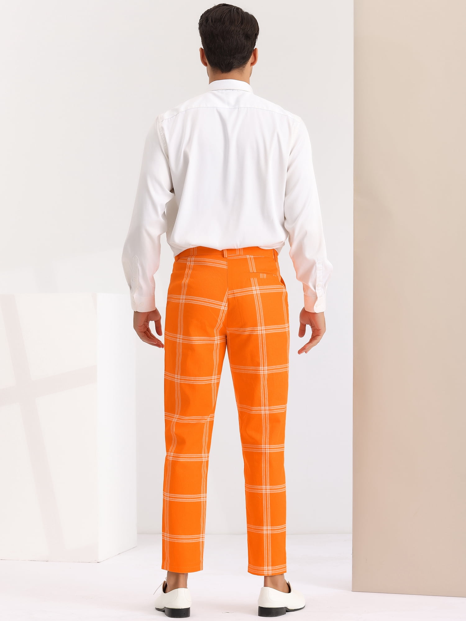 Unique Bargains Men's Business Plaid Pants Casual Slim Fit Flat Front Checked Trousers 32 Orange