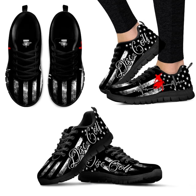 Zapatillas de deporte ligeras para exteriores con bandera estadounidense negra, suela suave blanca, para disc golf, deportivas, para aficionados, planas