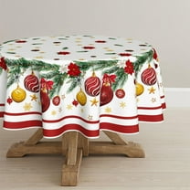 Christmas Tablecloth 70×70 Inch Round, Christmas Ball Ornaments Pine Stars Washable Table Cover for Party Picnic Dinner Decor