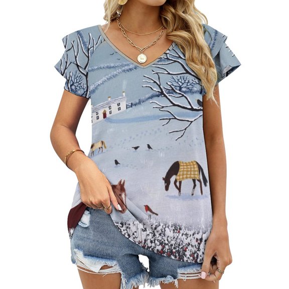 T-Shirt Women'S Over Snowy Hedge Ruffle Short Sleeve T Shirts Summer V Neck Tops Fashion Casual Tee Shirt Horses Horse Lovers Mad About