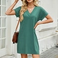 thumbnail image 4 of Summer Dresses for Women V-Neck Short Sleeve Sundresses Solid Color Casual Beach Everyday Vacation T-Shirt Loose Dress, 4 of 7