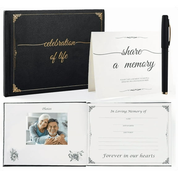 C2U Celebration of Life Funeral Sign in Guest Book - 100 Page Memorial Service Book with Gold Foil Embossing, Pen, & Table Sign