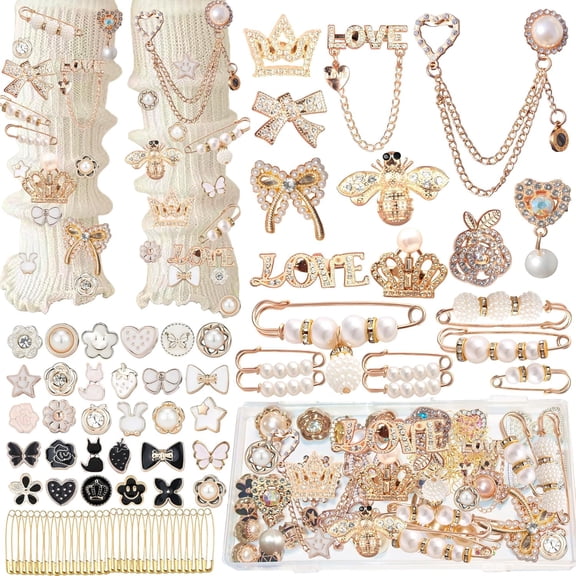 NestE - 72Pcs Junk Socks Charms Kit, Gold Brooches and Pins ,Pearl and Rhinestone Sock Charms with Safety Pins, DIY Accessories for Decorating and Personalizing Socks Clothes Hats Shoes Scarf Shawl