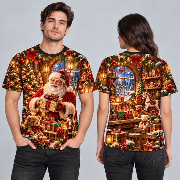 MOVAAX Santa's Toy Workshop 3D-Effect T-Shirt, Unisex Christmas Graphic Tee