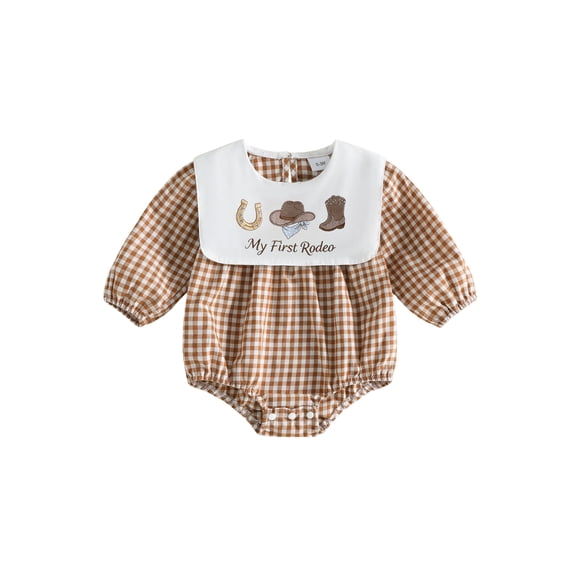 Cjfdfy Newborn Baby Girl Girl Western Fall Outfit My First Rodeo Romper Gingham Bubble Collar Long Sleeve Cowgirl Hat Embroidery Bodysuit Infant Cute Country Fall Winter Outfit