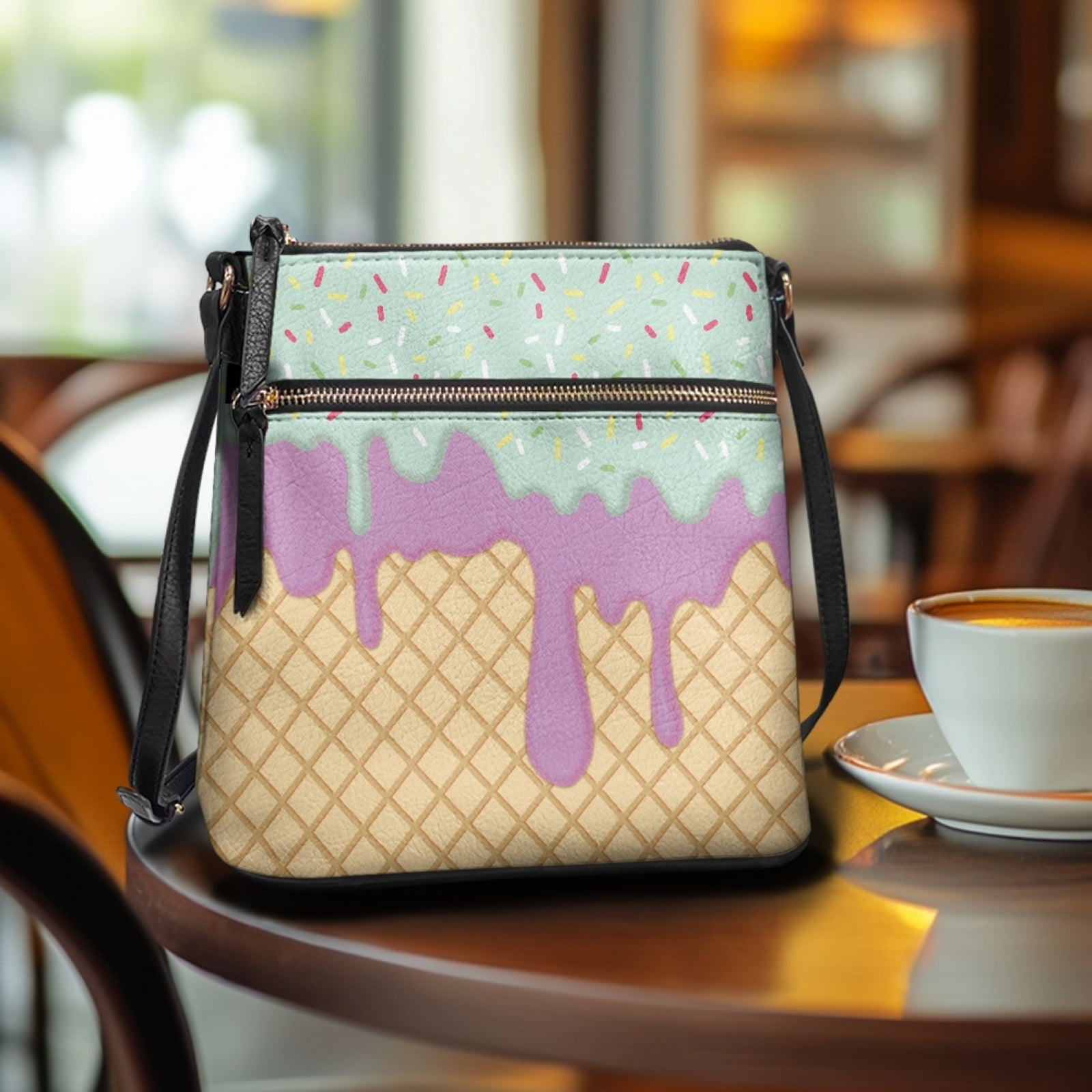 LedBack Biscuit Print Women Leather Crossbody Satchel Bag with Zipper Pockets, Portable Hobo Purse with Adjustable Strap, Cross Body Purse Handbag for Ladies, Beige