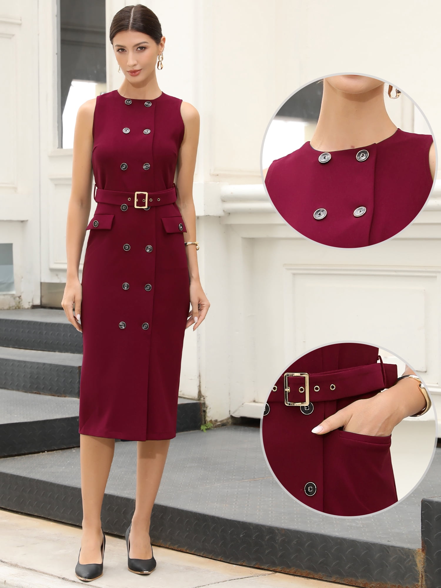 DARING DIVA Women's Double Breasted Dress Dressy Belted Pencil Dresses L Burgundy