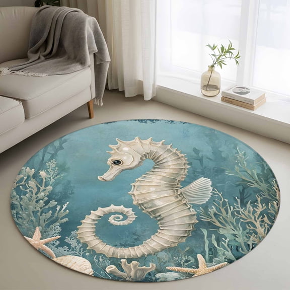 Coastal Seahorse Blue Green Round Rug 4ft Washable Circle Entryway Rugs Non Slip Summer Ocean Starfish Coral Area Rug Indoor Floor Carpet for Bedroom Kitchen Living Room Home Office Dining Room