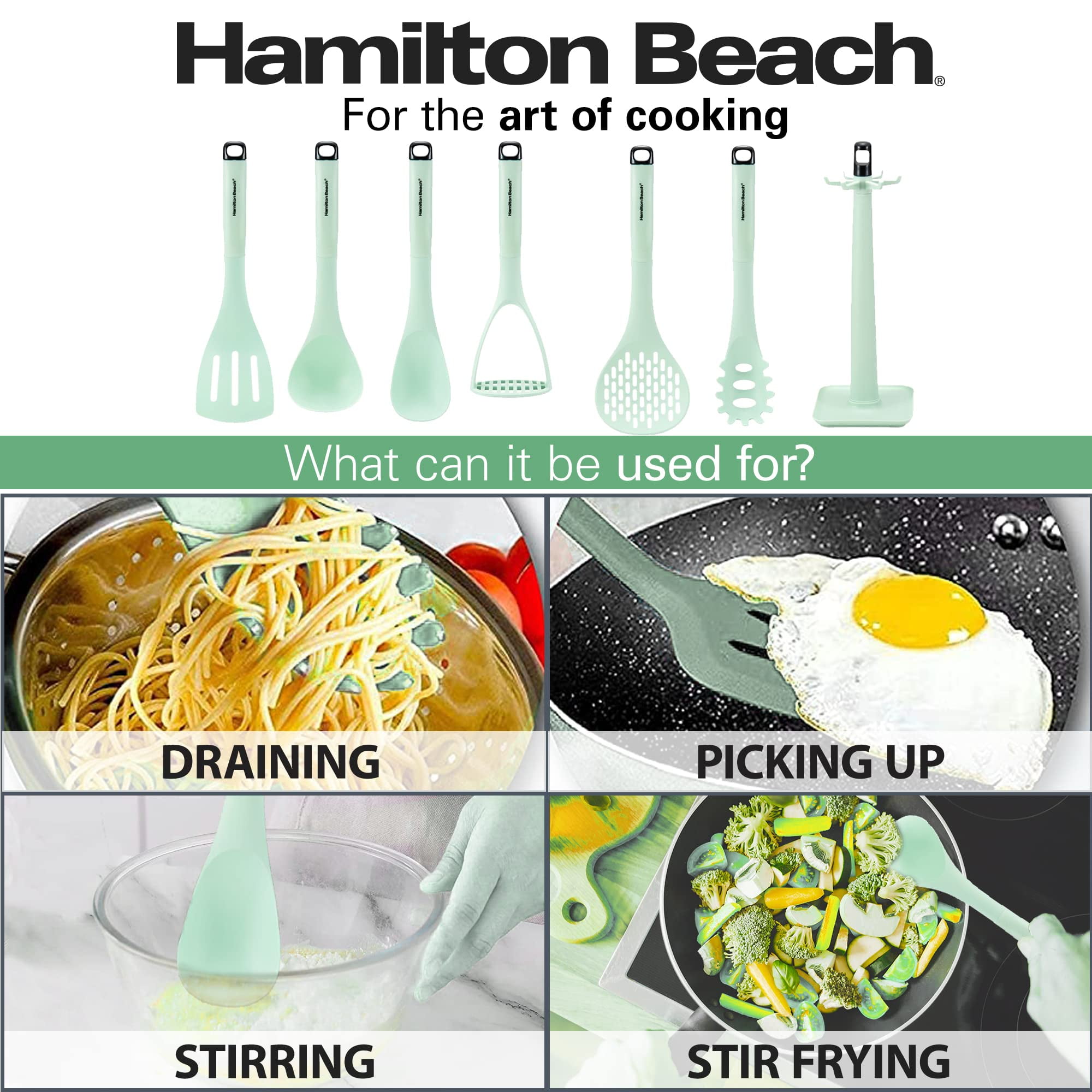 Hamilton Beach Nylon Kitchen Utensil Set 7 Piece | Cooking Utensil set – Slotted turner, Ladle Skimmer, Pasta Server, Potato Masher, Solid spoon Holder - Kitchen Gadgets for Nonstick Cookware