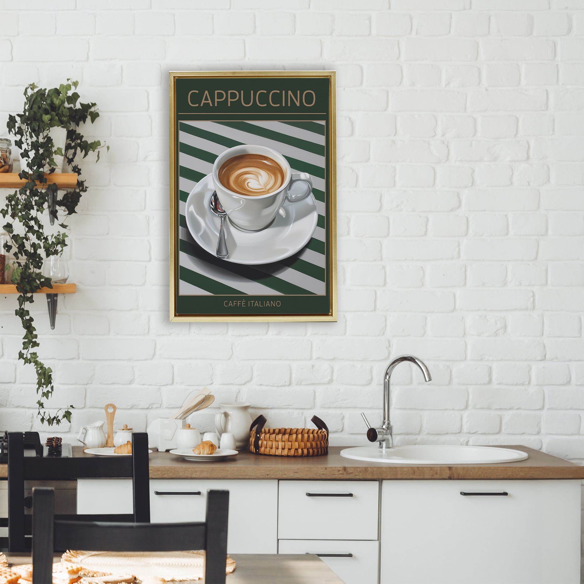 Stupell Industries Cappuccino Coffee over Stripes Gold Framed Floater Canvas Wall Art, design by Andreas Magnusson