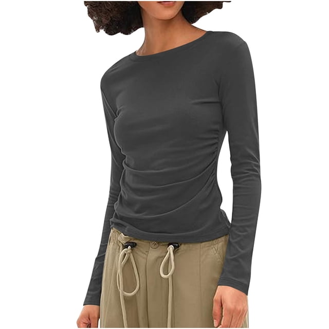 Timegard T Shirts for Women Ruched Long Sleeve Round Neck Tops Solid Color Casual Basic Blouses