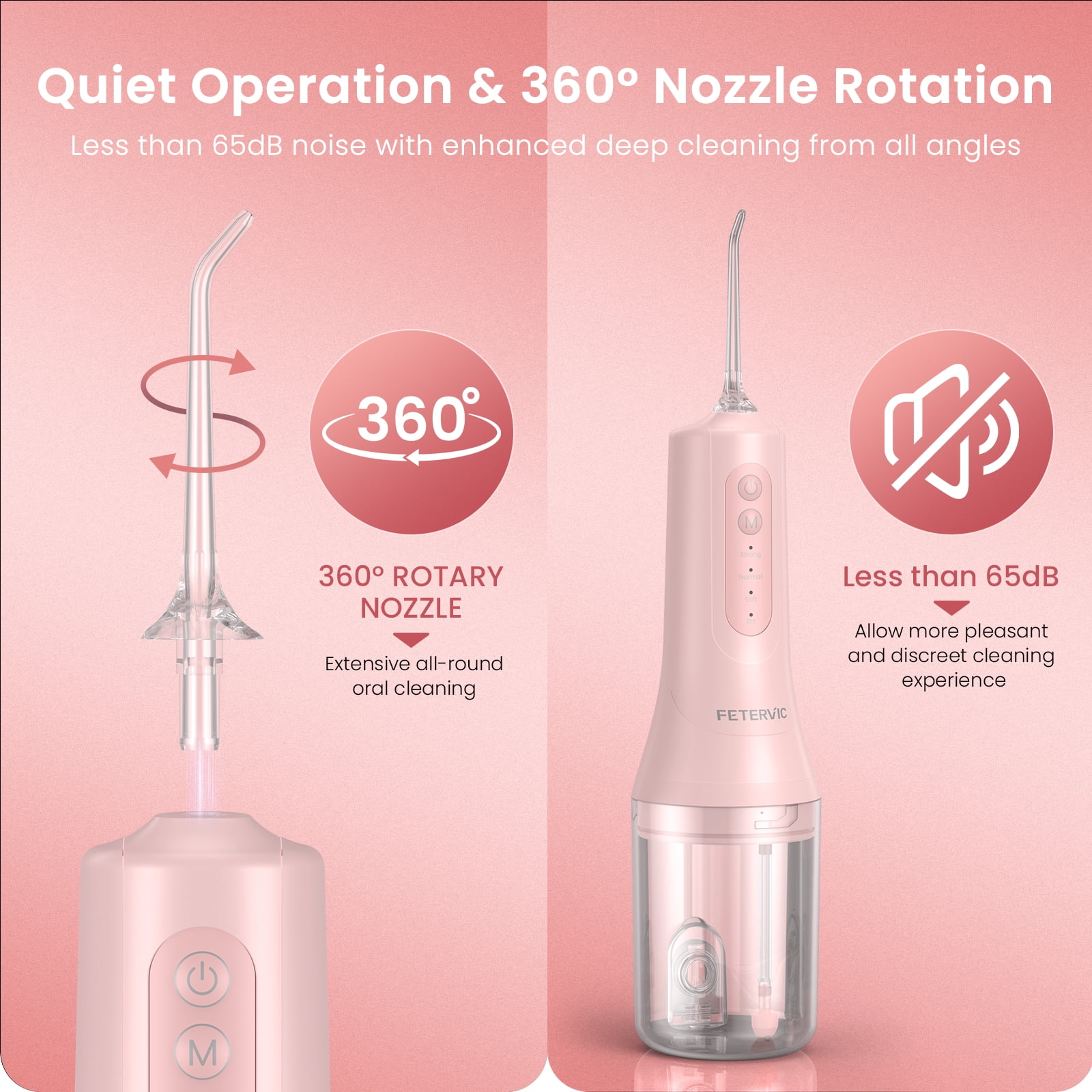 FETERVIC Water Dental Flosser for Teeth – Cordless Oral Irrigator, 8 Jet Tips, 4 Modes, 360° Nozzle, 260ML Rechargeable, IPX7 Waterproof for Home & Travel（Pink）