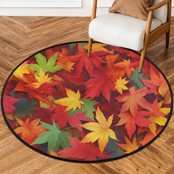 CURLYOOT Round Rug 3ft Thanksgiving Fall Area Rug, Washable Circle Mat Non Slip Floor Carpet Mat, Maple Leaves Soft Indoor Rugs for Entryway Living Room Dining Room Bedroom