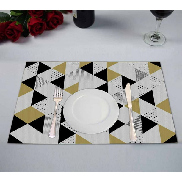 PKQWTM Triangles Gold Black White Triangle Kitchen Dining Table Mats Placemats Size 12x18 Inches, Set of 2 Pieces