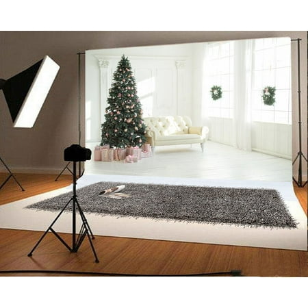 Image of GreenDecor 7x5ft Christmas Backdrop Decoration Tree Gifts Box Sofa Garland Window Curtain White Wood Floor Interior Photography Background Kids Children Adults Photo Studio Props