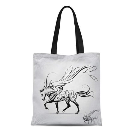 LADDKE Canvas Tote Bag Horse Pegasus Walking Against the Wind Race Tribal Tattoo Reusable Shoulder Grocery Shopping Bags