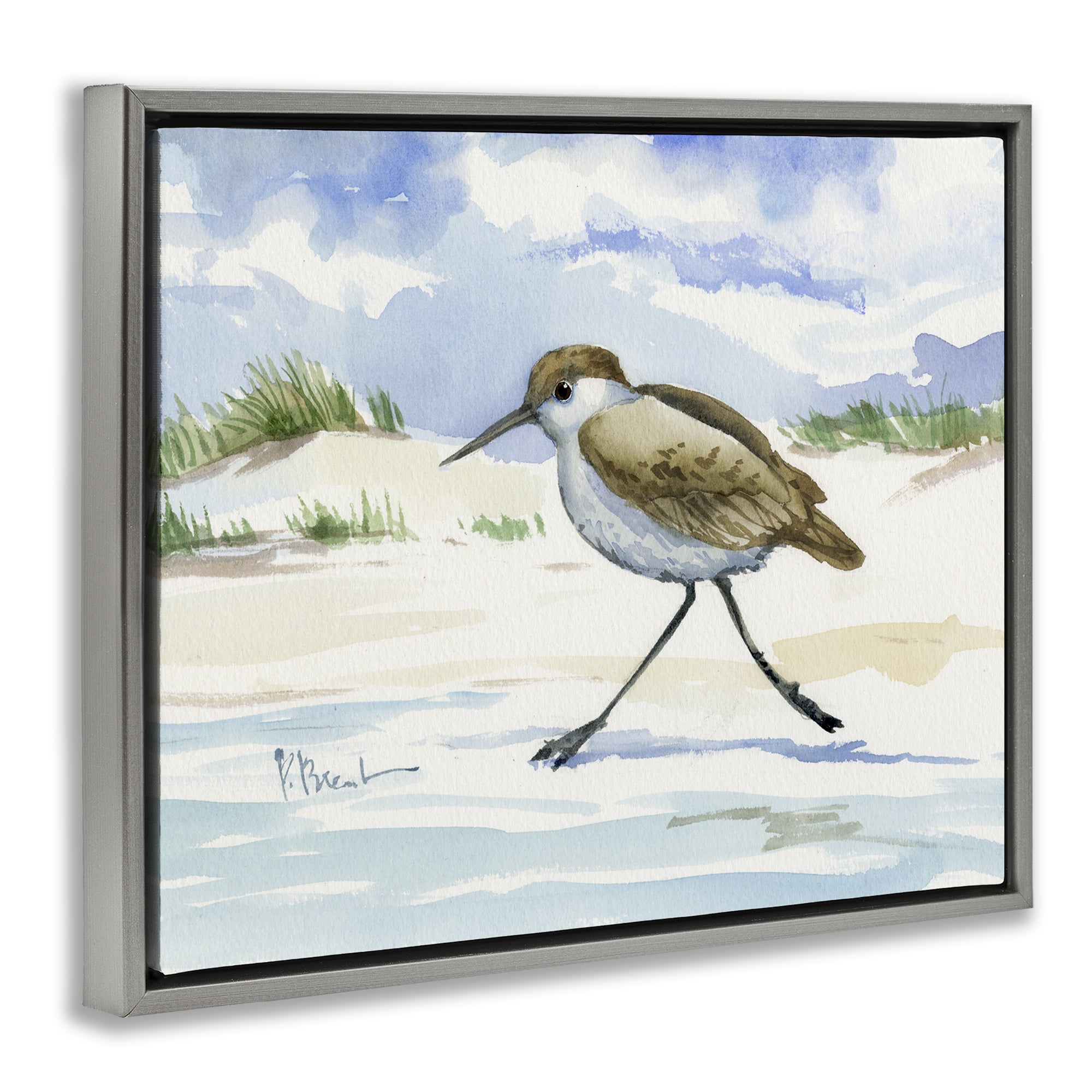 Stupell Industries Inlet Beach Sandpiper Running Gray Framed Floater Canvas Wall Art, design by Paul Brent