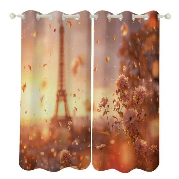 Blossoming Paris Eiffel Tower Curtains Watercolor Theme Window Curtains Grommet Blackout Drapes for Living Room Bedroom