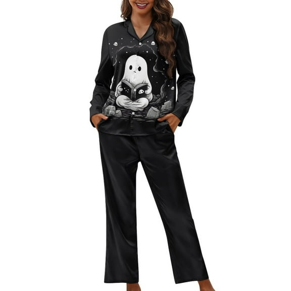 SEANATIVE Halloween Cute Ghost Button Up Pajamas for Women Size XS Long Sleeve Nightwear 2 Piece Pj Loungewear Tops and Pants with Pockets Women Night Shirts for Sleeping