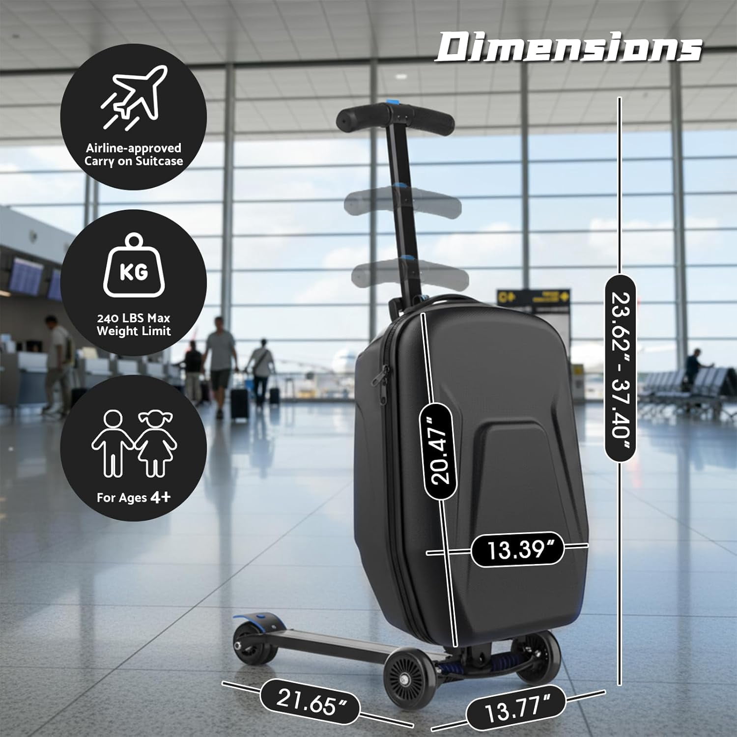 20" Hardshell Scooter Suitcase for Kid & Adult Foldable 2 in 1 Ride on Carry on Travel Trolley Scooter Luggage With Wheels Black