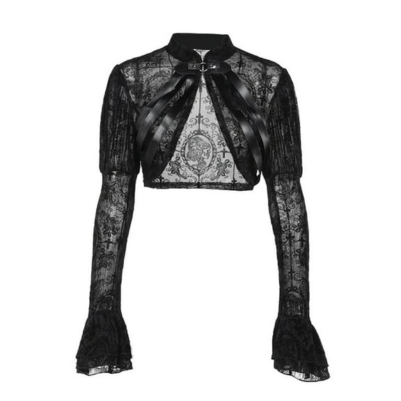 Flower Lace Pattern See Through Jackets for Women Vintage Florals Mesh Crop Top Shrug Flared Sleeve Sheer Cardigan