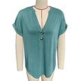 thumbnail image 1 of Top con botones y cuello en V para mujer, blusa holgada informal elegante de manga corta de Color liso para trabajo de oficina, verde oliva XXL, 1 of 3