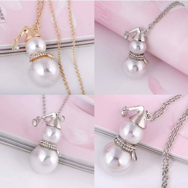 Women Simulated Pearl Snowman Pendant Long Necklace Rhinestone Christmas  Simulated Pearl Snowman Pendant Jewelry Gift Sweater Chain 