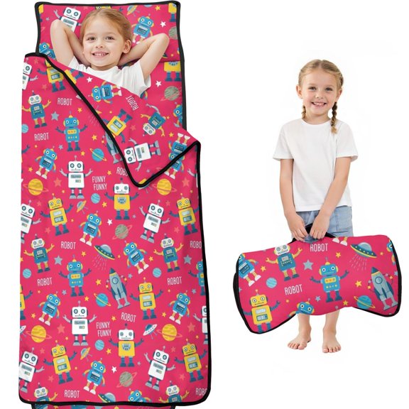 Robot and Rockets Red Pattern Teens Toddler Nap Mat with Pillow, Sleeping Mat Bag for Preschool Daycare 59"x22"