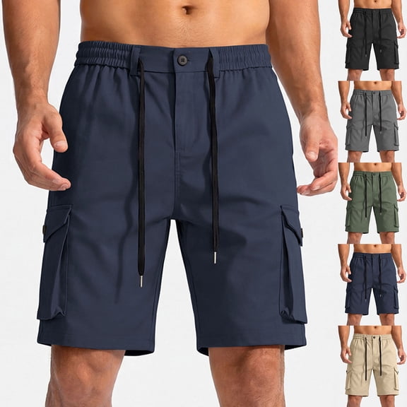 KeShDi Cargo Shorts Mens Workout Shorts Sleep Shorts Men's Solid Color Pocket Bandage Button Elastic Waist Casual Fashion Cargo Shorts Black 3X
