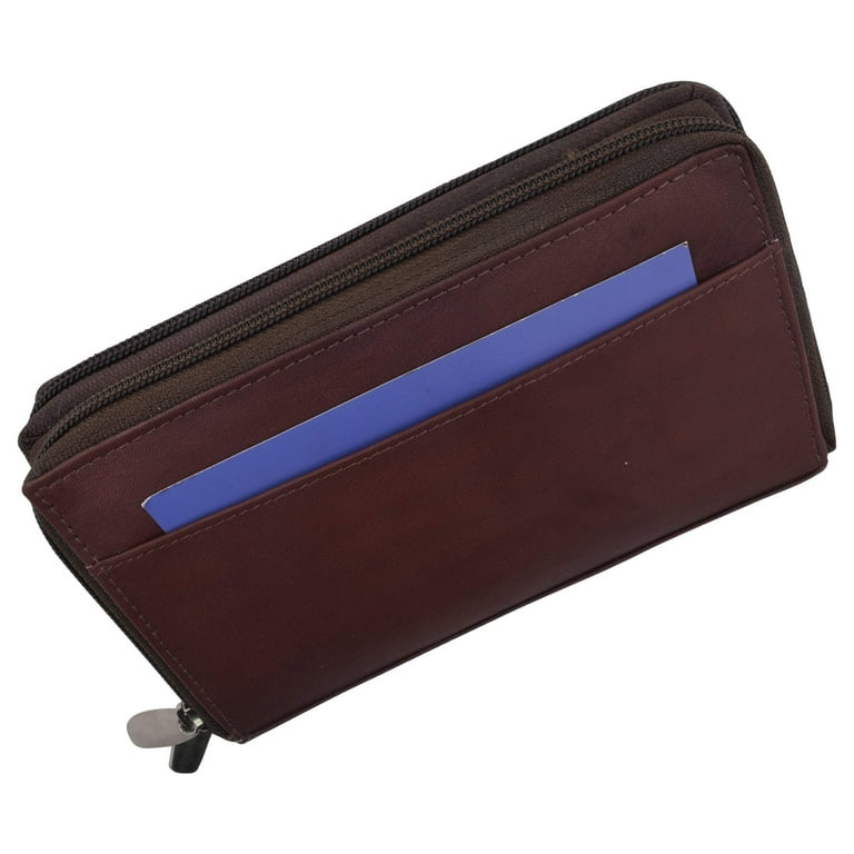 Womens Wallet Genuine Leather Double Zip Around Phone Clutch Large