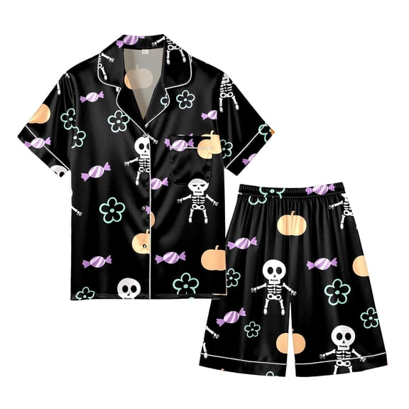 Tisuna Men'S Halloween Pajamas Set Skeleton Print Short Sleeve Collar Tops And Shorts Sleepwear Set Stylish Theme Party 2 Pieces Bedtime Wear Outfits Size L