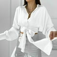 thumbnail image 2 of Lovskoo 2024 Women's Solid Color Tie Front Button Down Shirt Long Sleeve Collared Tunic Blouse Crop Tops White, 2 of 9