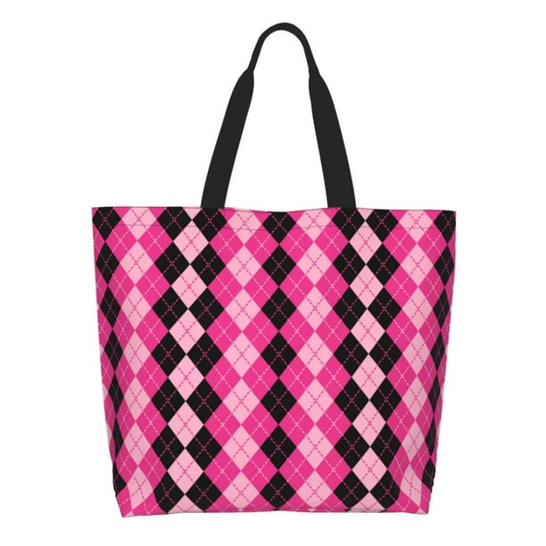 Disketp pink and black argyle Bolsa Tote Estampada para Mujer, Bolso de Hombro y de Mano para Compras y Viajes