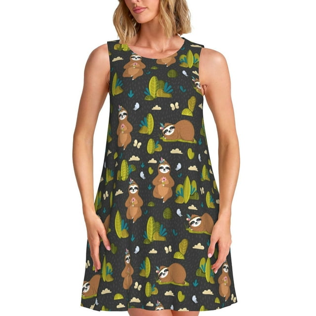 Easygdp Funny Sloths In The Forest para Vestido Transpirable de Mujer, Vestido Suelto de Manga Corta con Pliegues y Bolsillos para el Verano