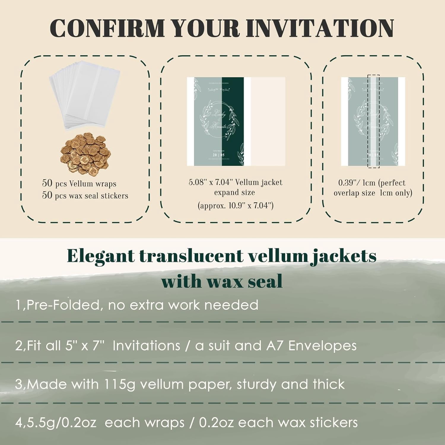 50 Sets Pre-Folded Vellum Jackets for 5x7 Invitation & Gold Eucalyptus Wax Seal Stickers, Wedding Invitations Wraps Bulk for Wedding Bridal Baby Shower Envelopes