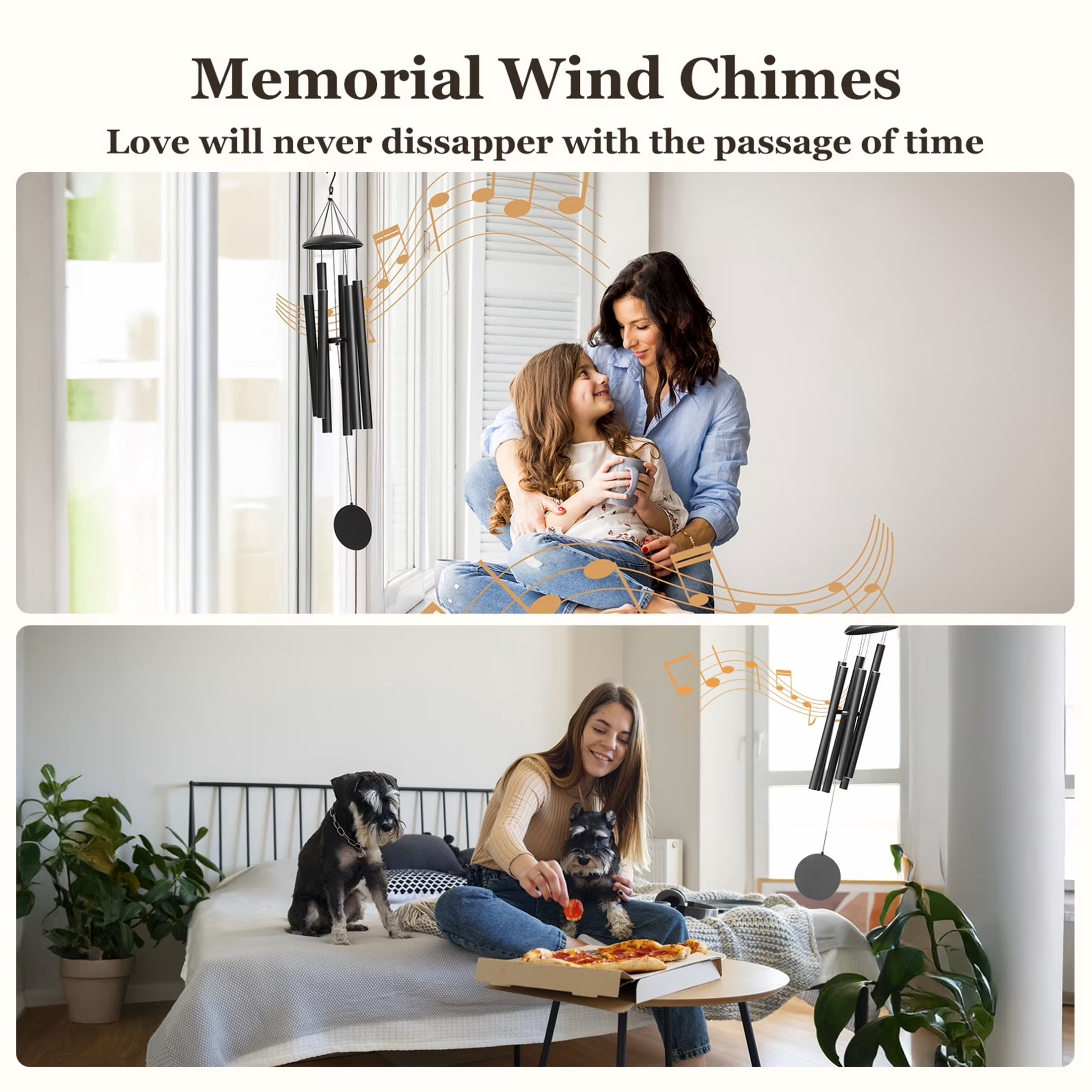 BSHAPPLUS® 45" Memorial Wind Chimes for Outside, Heavy Duty Black Chimes with 6 Large Deep Tone Aluminum Tubes for Loss of Loved One,Home Garden Hanging Decor