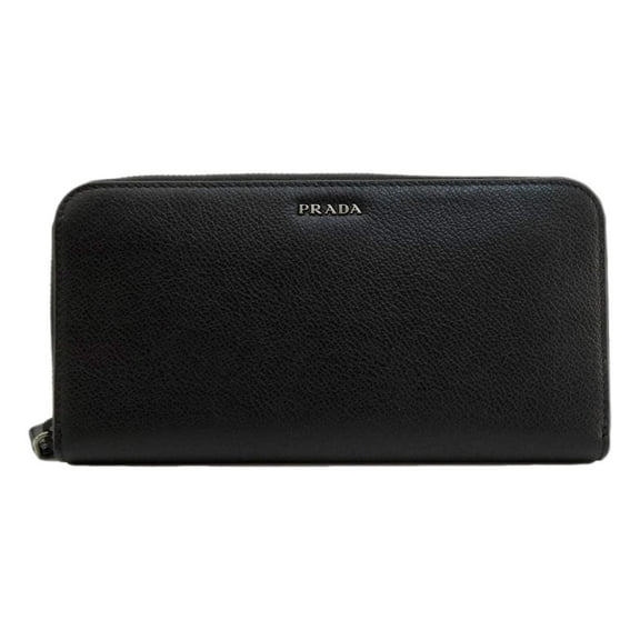 Prada Vitello Grain Long Black and Grey Zip Around Continental Wallet
