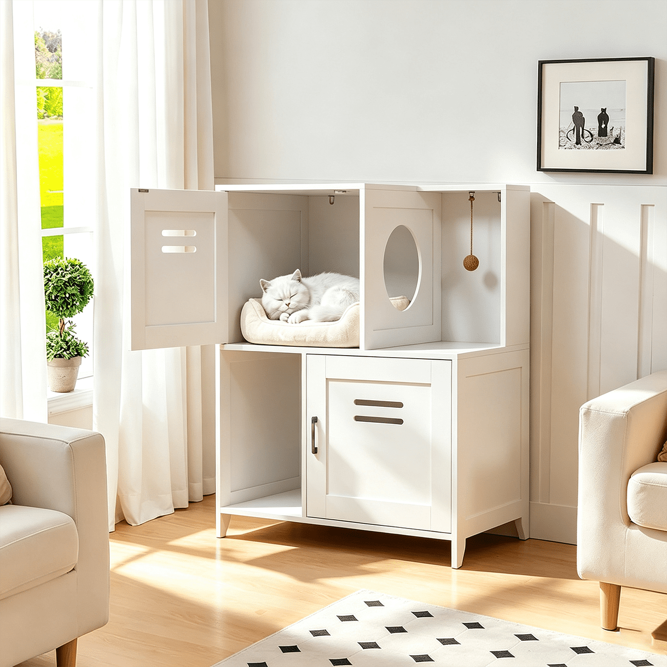 Meteorleg Litter Box Enclosure Litter Box Furniture with Storage 2-in-1 Hidden Cat Furniture with Sisal Hanging Ball & Ventilation Holes Large Wooden Cat Washroom White