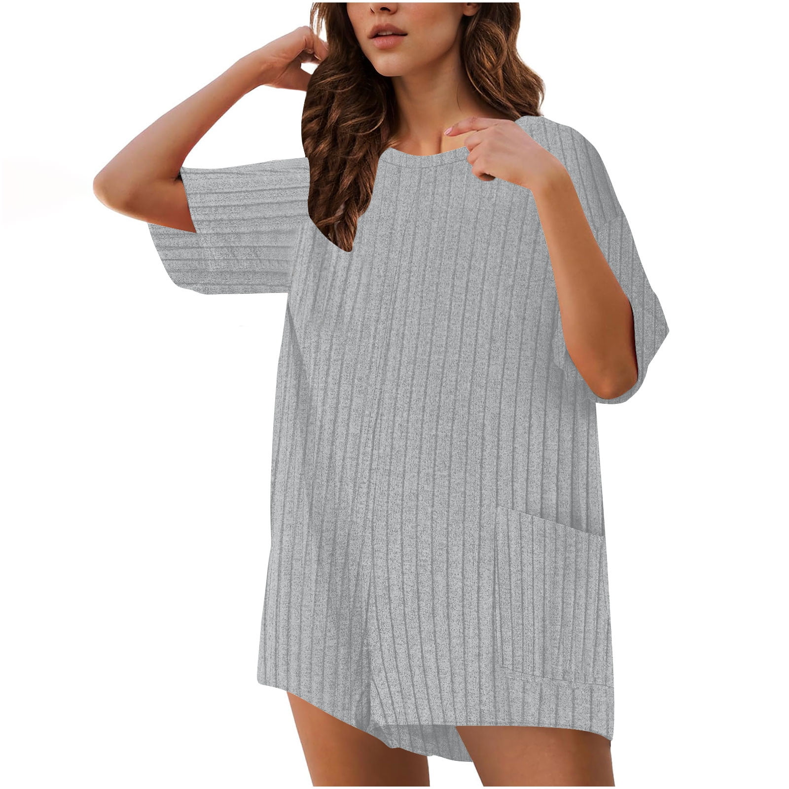 Feancey Oversized Rompers for Women Plus Size Trendy Knitted Jumpsuits Business Casual Short Sleeve Overalls Solid Color Loose One Piece Romper with Pockets Gray XL
