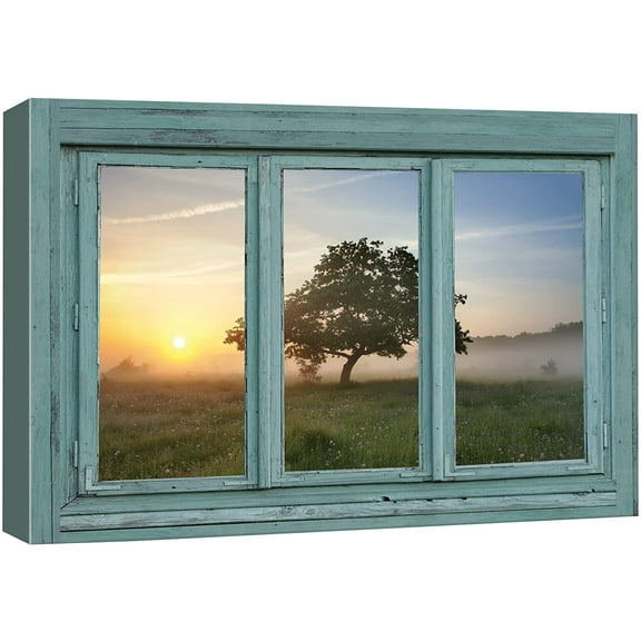 wall26 Canvas Print Wall Art Window View of Meadow Tree in Mist Nature Wilderness Photography Realism Rustic Landscape Colorful Vibrant for Living Room, Bedroom, Office - 32"x48"