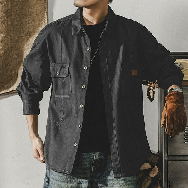 Mens Shirts Sale Clearance! Mens Long Sleeve Lapel Jackets Casual Button Down Shacket Jacket Plus Size Loose Collared Coat with Pockets