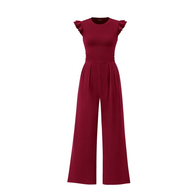 Mono Enterizo PRETTYGARDEN Rojo Vino con Volantes y Mangas Cap de Talla M