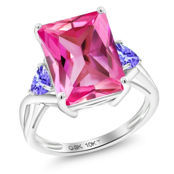 Gem Stone King 10K White Gold Pink Created Sapphire and Blue Tanzanite 3 Stone Engagement Ring for Women (10.42 Cttw, Emerald Cut 14X10MM, Trillion 4MM, Size 7)