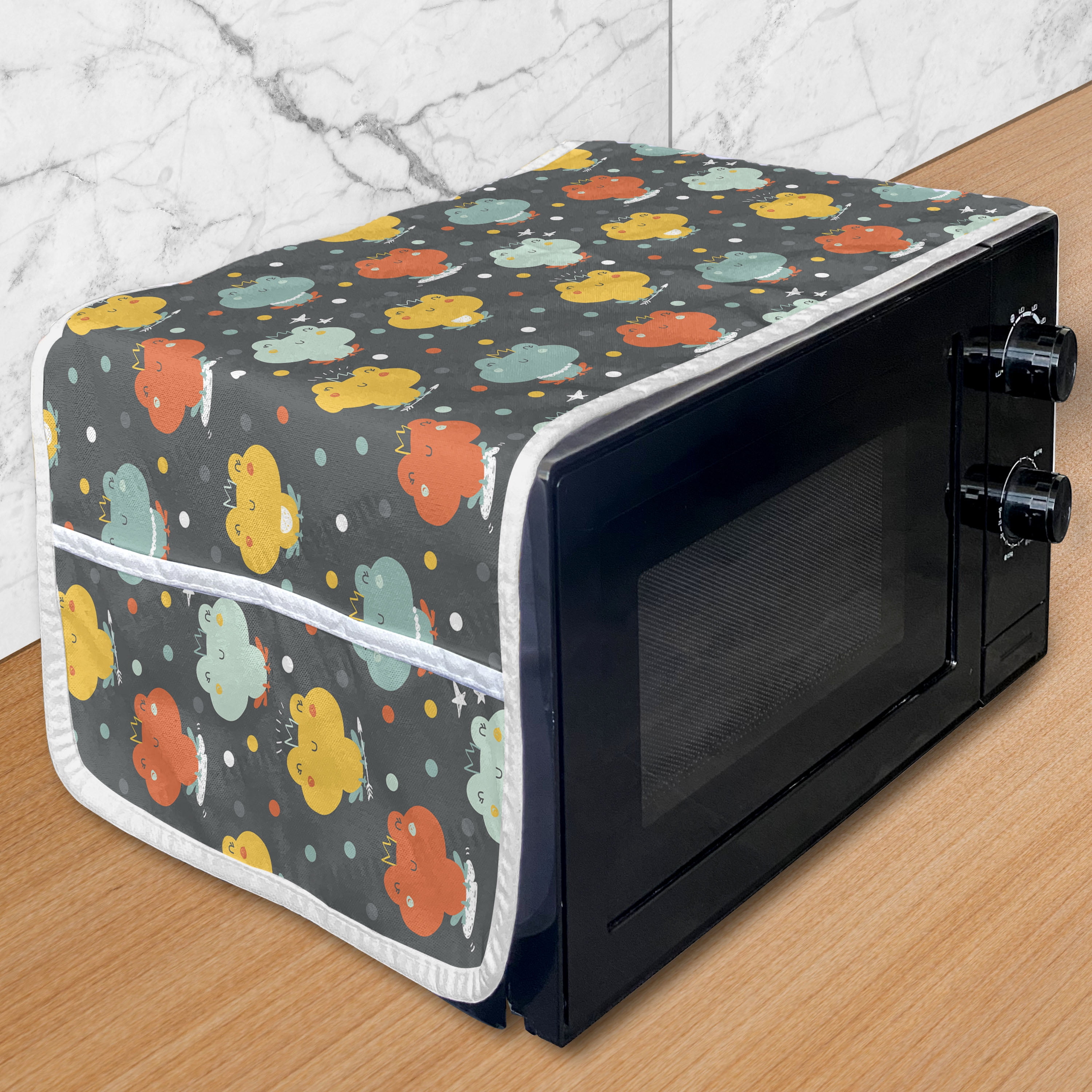 Frog Microwave Oven Cover, Cartoon Style Colorful Frogs with Crowns Themed Animals with Hand