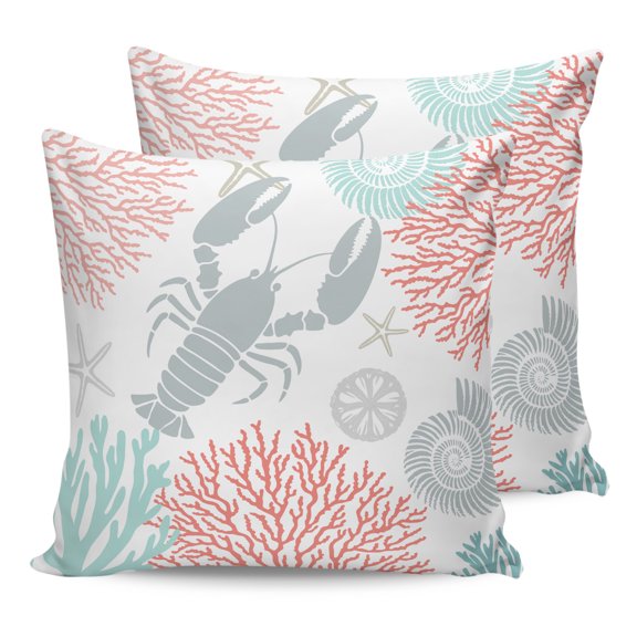 Waterproof Outdoor Throw Pillows with Inserts 16"x16" Set of 2, Teal Red Coastal Soft Decorative Pillowcases for Couch Bedroom, Summer Lobster Coral Nautical Pillow Covers for Sofa Living Room